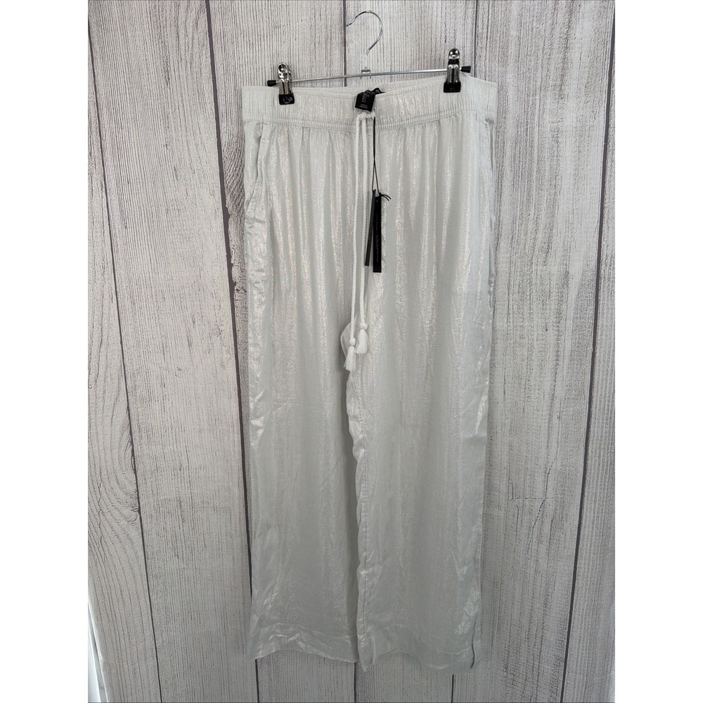 Tahari Linen Pants Womens LARGE Iridescent Silver Wide Leg Lagenlook Coastal